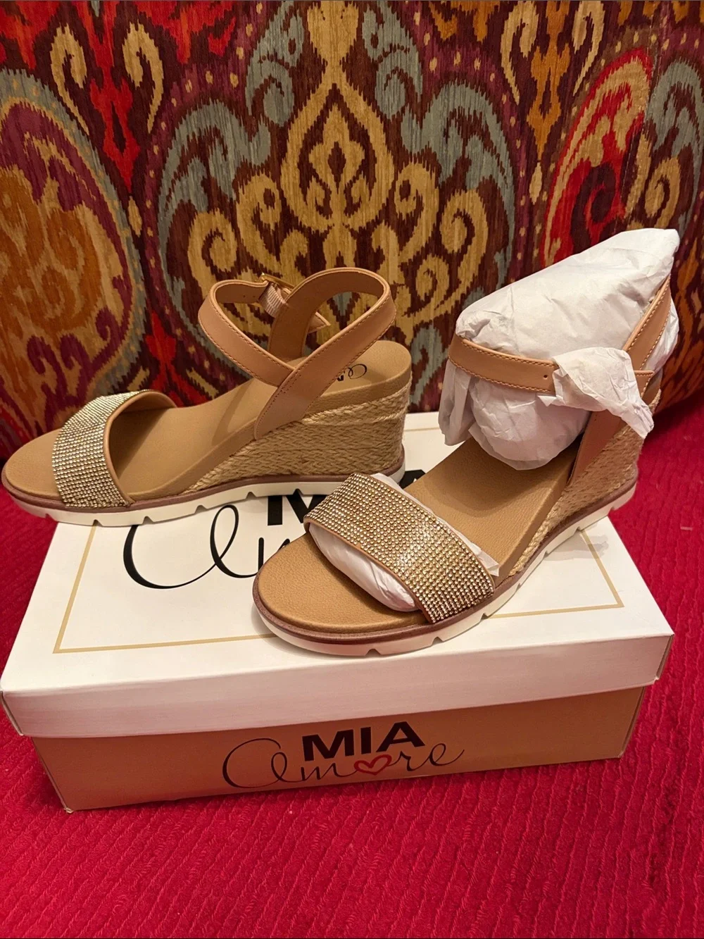 Mi Amore Tan Wedge Sandals with Rhinestone Front Strap